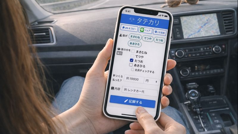 ドライブ旅行での割り勘アプリ タテカリの使用例